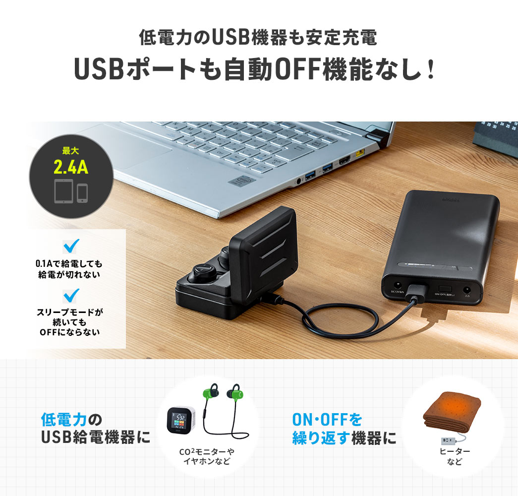 低電力のUSB機器も安定充電 USBポートも自動OFF機能なし！