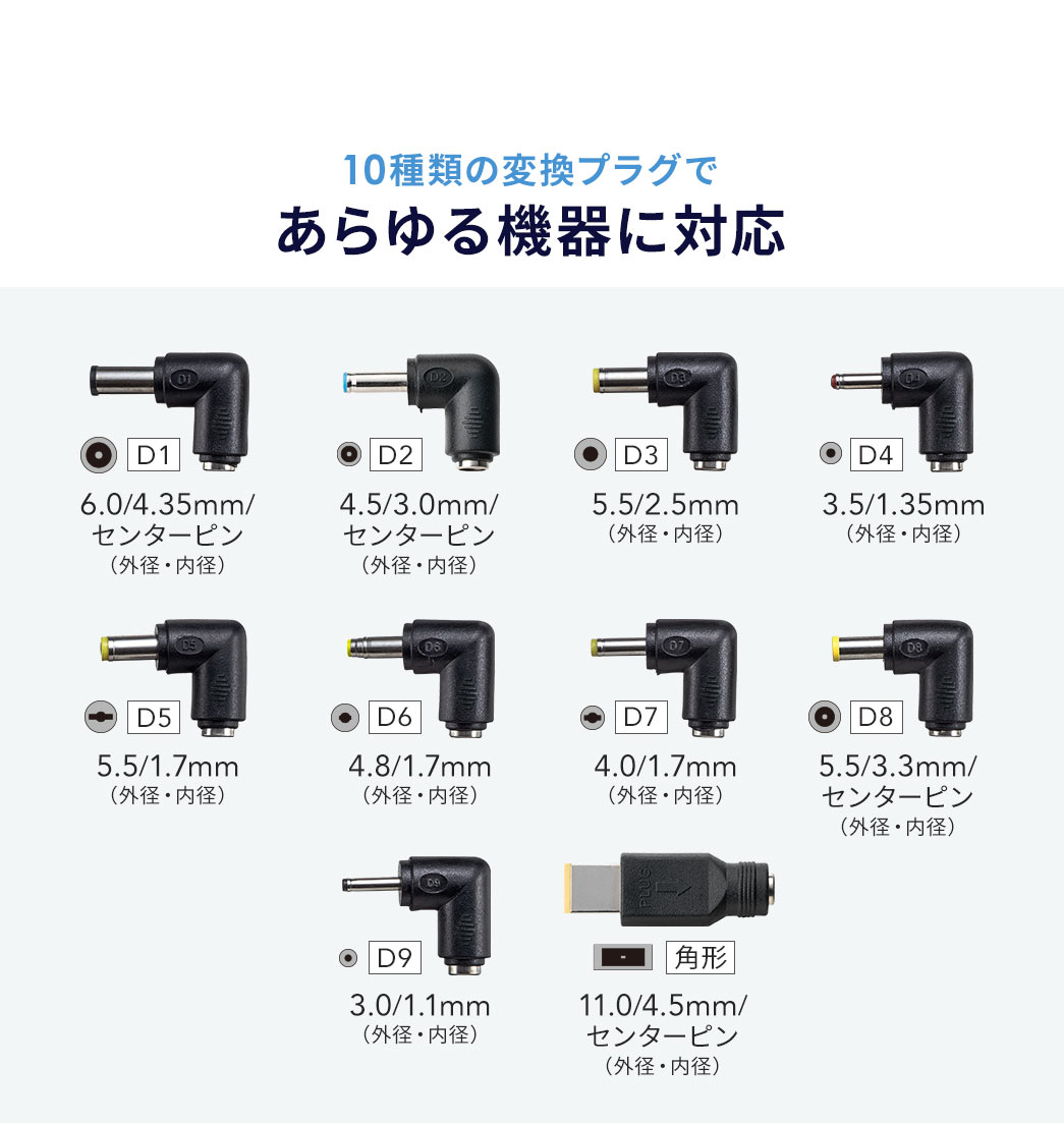 �O�a6.0mm���a4.35mm�̃Z���^�[�s���t���v���O�A�O�a3.5mm���a1.35mm�̃v���O�A�O�a11mm�~4.5mm�̊p�^�Z���^�[�s���̃v���O�ȂǁA10��ނ̕ϊ��v���O�ł��܂��܂ȋ@��ɑΉ��B