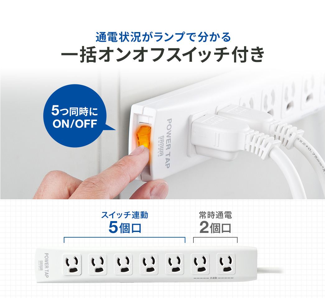 �ʓd�󋵂������v�ŕ�����A�ꊇ�I���I�t�X�C�b�`�t���ŁA5������ON/OFF���ł��܂��B