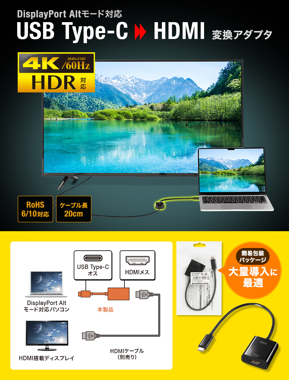 DisplayPort AltmodeɑΉType-C|[gHDMIi4K/60Hz/HDRjɕϊfo͂łϊA_v^BʓɓKȈՃpbP[WB