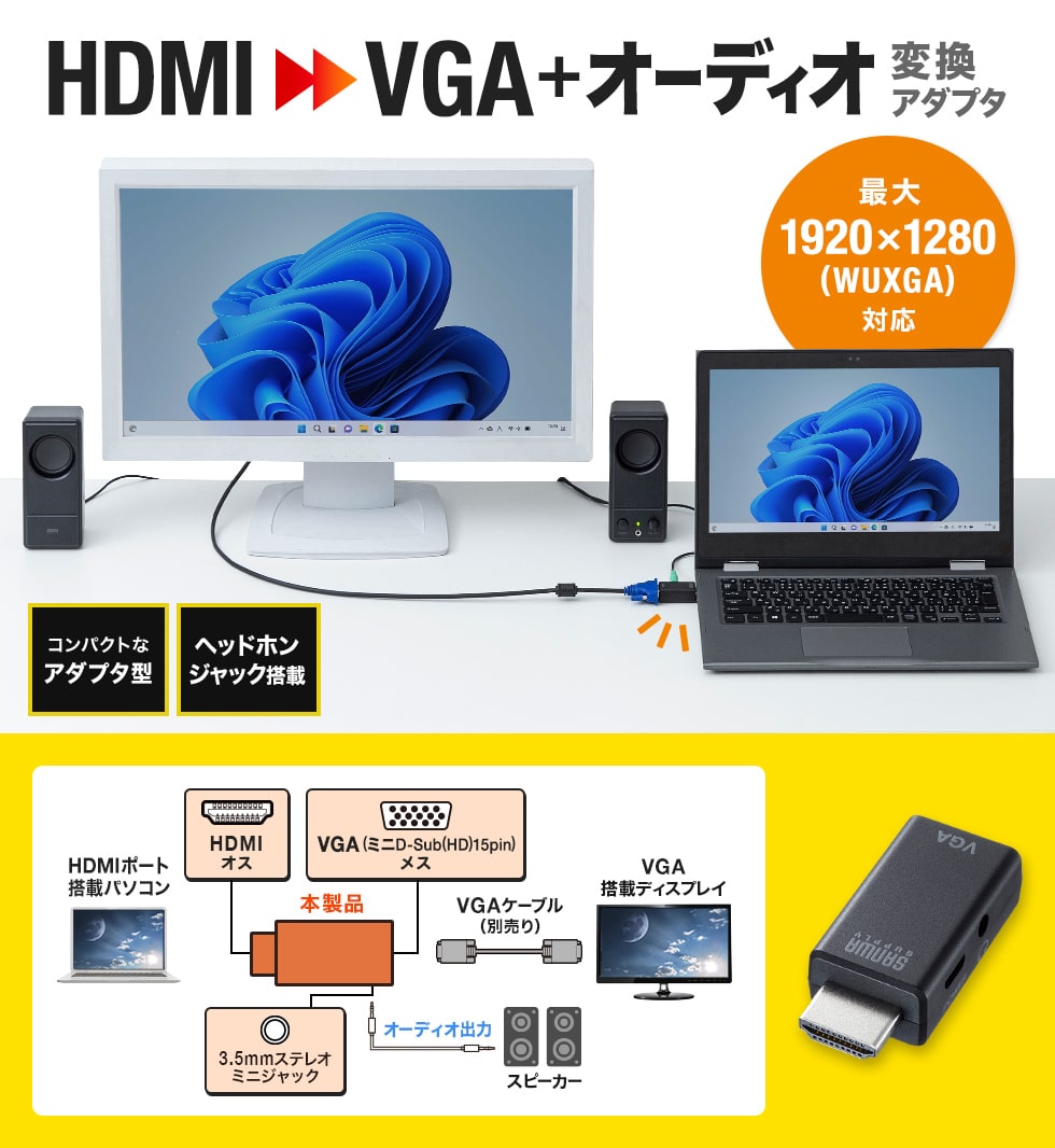 HDMI→VGA＋オーディオ変換アダプタ