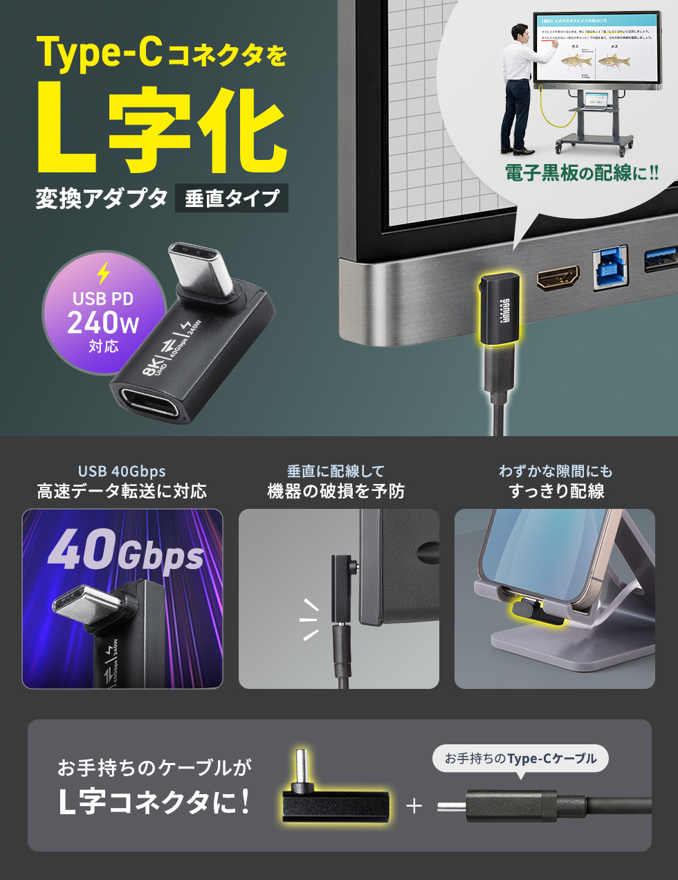 �ő�40Gbps��240W�Ή��A�f���o�͂��ł���L���^Type-C�A�_�v�^�B
