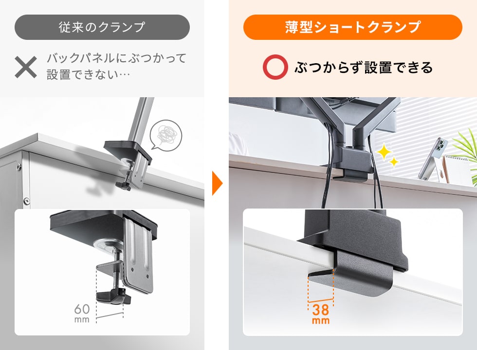 ���^�V���[�g�N�����v�ŁA�o�b�N�p�l���ɂԂ��炸�ݒu�ł���