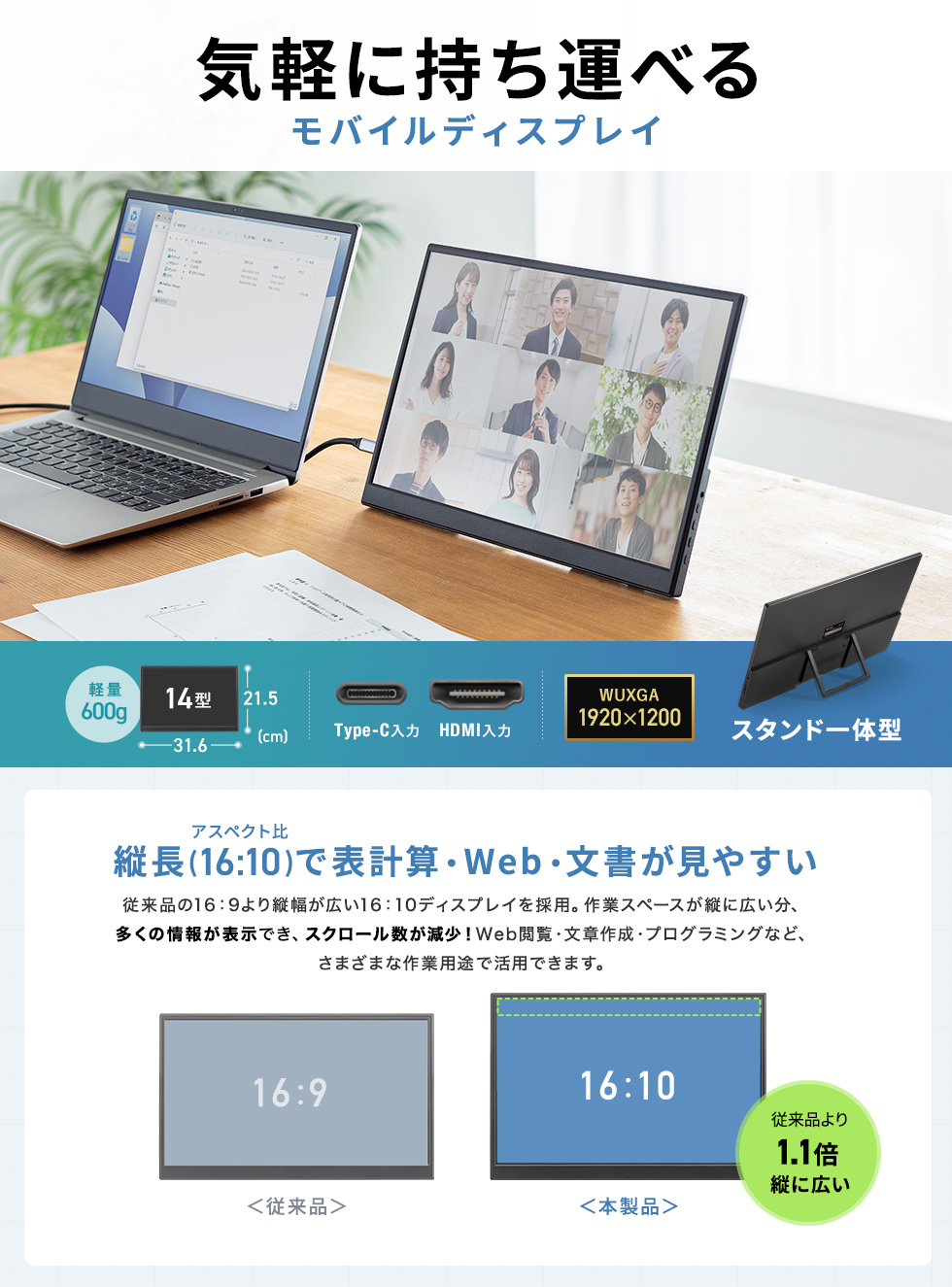 USB Type-C�P�[�u��1�{�Ŏ�y�Ƀf���A���f�B�X�v���C���ł���A14�C���`���o�C�����j�^�[�B