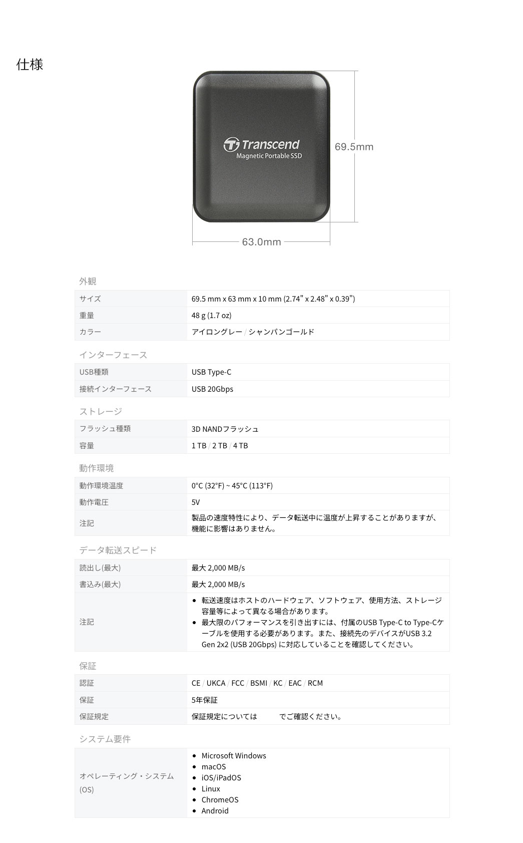 ESD420́ATCY69.5~63~10mmEd48g̃RpNg{fBɍő4TB3D NANDtbV𓋍ڂAUSB 20GbpsΉōő2,000MB/s̍ǂݏB0?45œ삵AUSB Type-CڑɂWindows/macOS/iOS/Android/Linux/ChromeOSɑΉA5NۏؕtłB