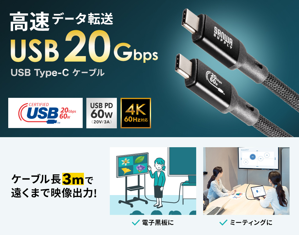 USB Type-C USB20Gbps(USB4 Gen2x2)ΉP[u@3@ubN@PD60WΉ@USBF؎擾i