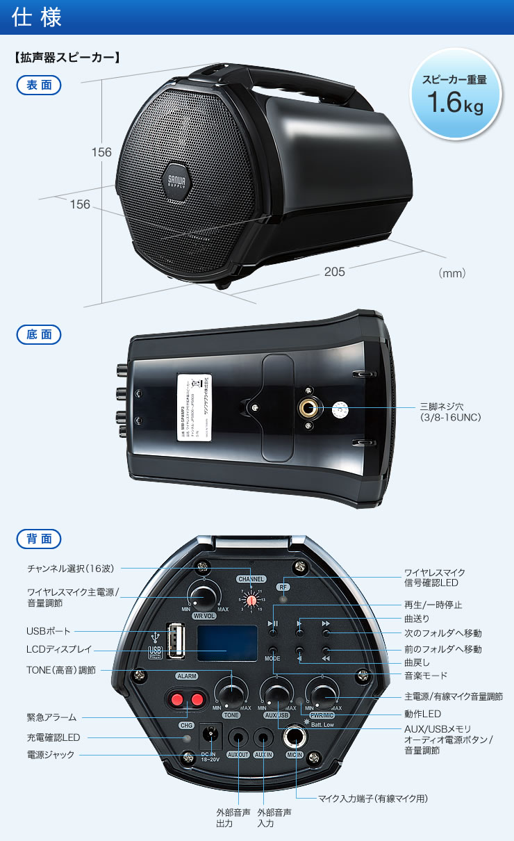 拡声器 40W出力 ワイヤレスマイク 有線マイク付き 充電式 MM-SPAMP3 