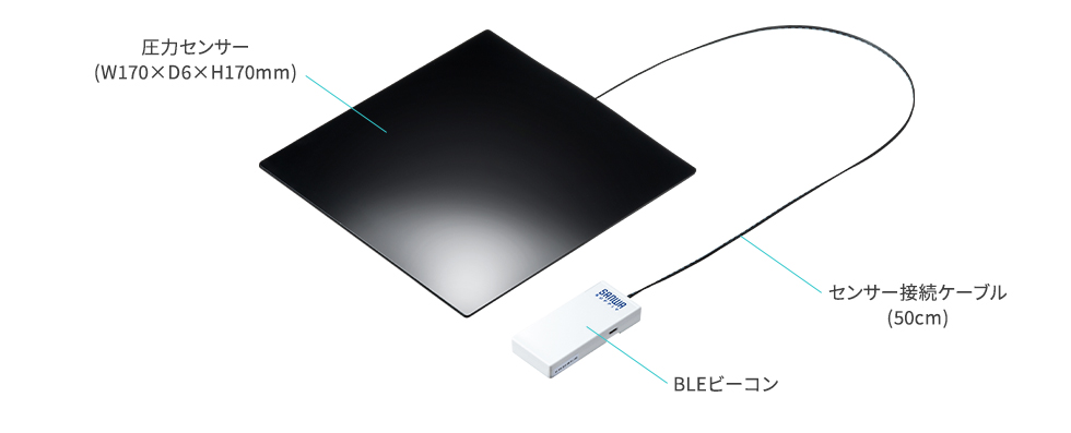 圧力センサー（W170×D6×H170mm）　センサー接続ケーブル（50cm）　BLEビーコン