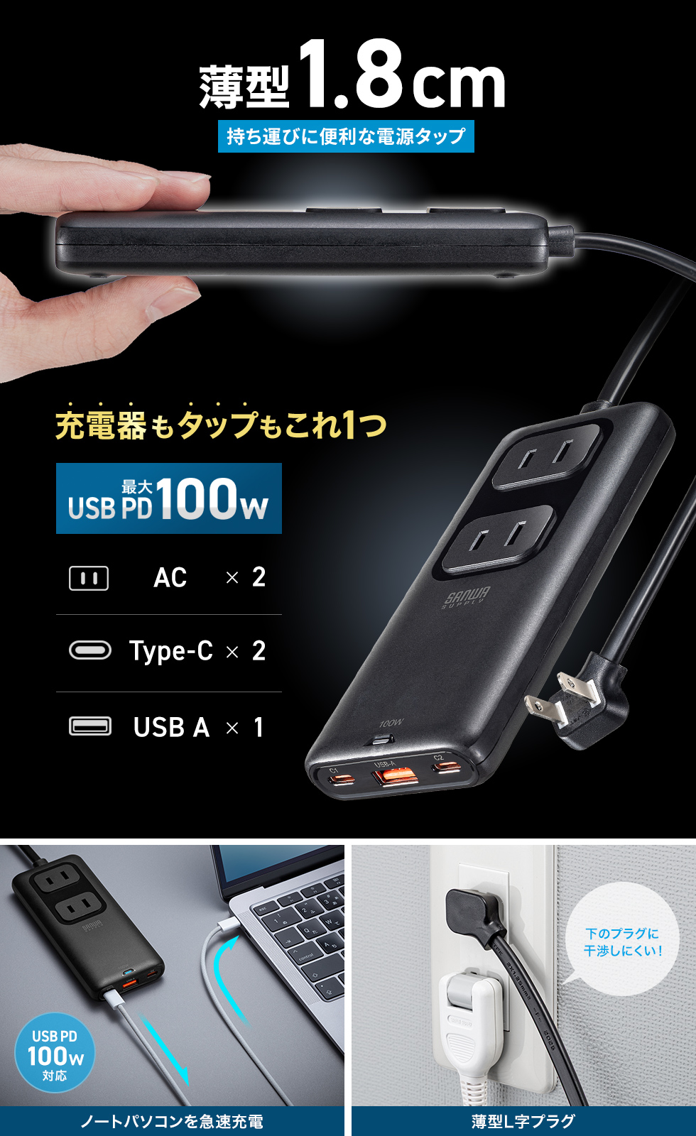 �Ŕ���18mm�̃X�����݌v��GaN�Z�p�𓋍ڂ����ő�PD100W�Ή��d���^�b�v�B2P�E2���E1.5m�B