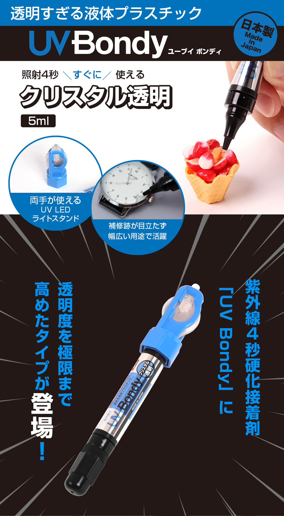 ����������t�̃v���X�`�b�N�uUV Bondy�i���[�u�C�{���f�B�j�v�B���O�����4�b�Ǝ˂��邾���ł����Ɏg����d���ڒ��܂ł��B�N���X�^���̂悤�ȓ����x���Ɍ��܂ō��߂��^�C�v�ŁA���e�ʂ�5ml�A���{���ł��B