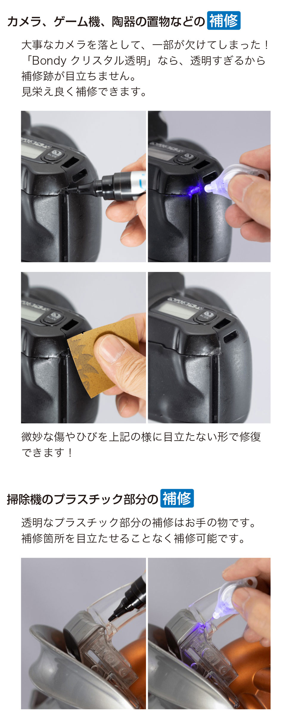 �J������Q�[���@�A����̒u���Ȃǂ̌�����Ђт̕�C�ɑΉ����A���������x�ŕ�C�Ղ��ڗ����ɂ����A���h���悭�d�グ���܂��B���ׂȏ���Ђт����R�Ȍ����ڂŏC���\�ł��B�|���@�̓����ȃv���X�`�b�N�����̕�C�ɂ��K���Ă���A��C�ӏ���ڗ������邱�ƂȂ��d�グ���܂��B