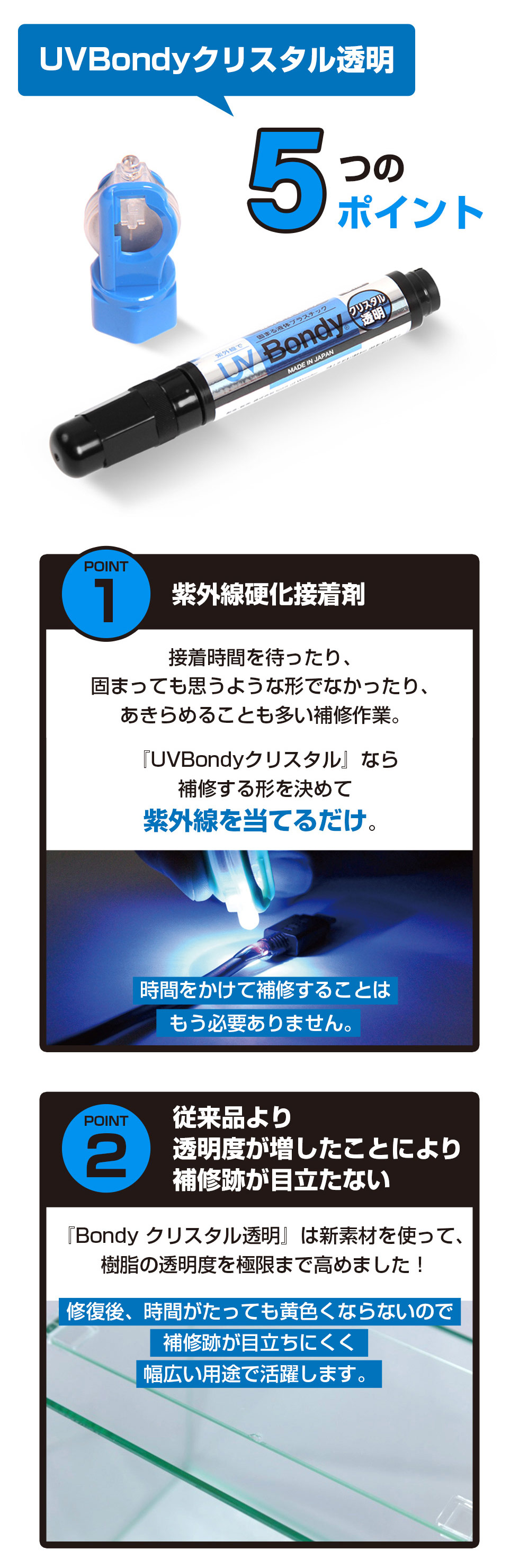 ���O���ōd������ڒ��܂ŁA��C����`�𐮂��Ă���Ǝ˂��邾���ŌŒ�ł��܂��B�ڒ����Ԃ�҂K�v���Ȃ��A�v���ʂ�̌`�Ŏd�グ�₷����C���\�ł��B�܂��A�V�f�ނ̗̍p�ɂ��]���i��蓧���x�����サ�A�����̓����x���Ɍ��܂ō��߂��uBondy �N���X�^�������v�́A�C��������Ԃ̌o�߂ɂ�鉩�΂݂�}���A��C�Ղ��ڗ����ɂ����A���L���p�r�Ŋ��p�ł��܂��B