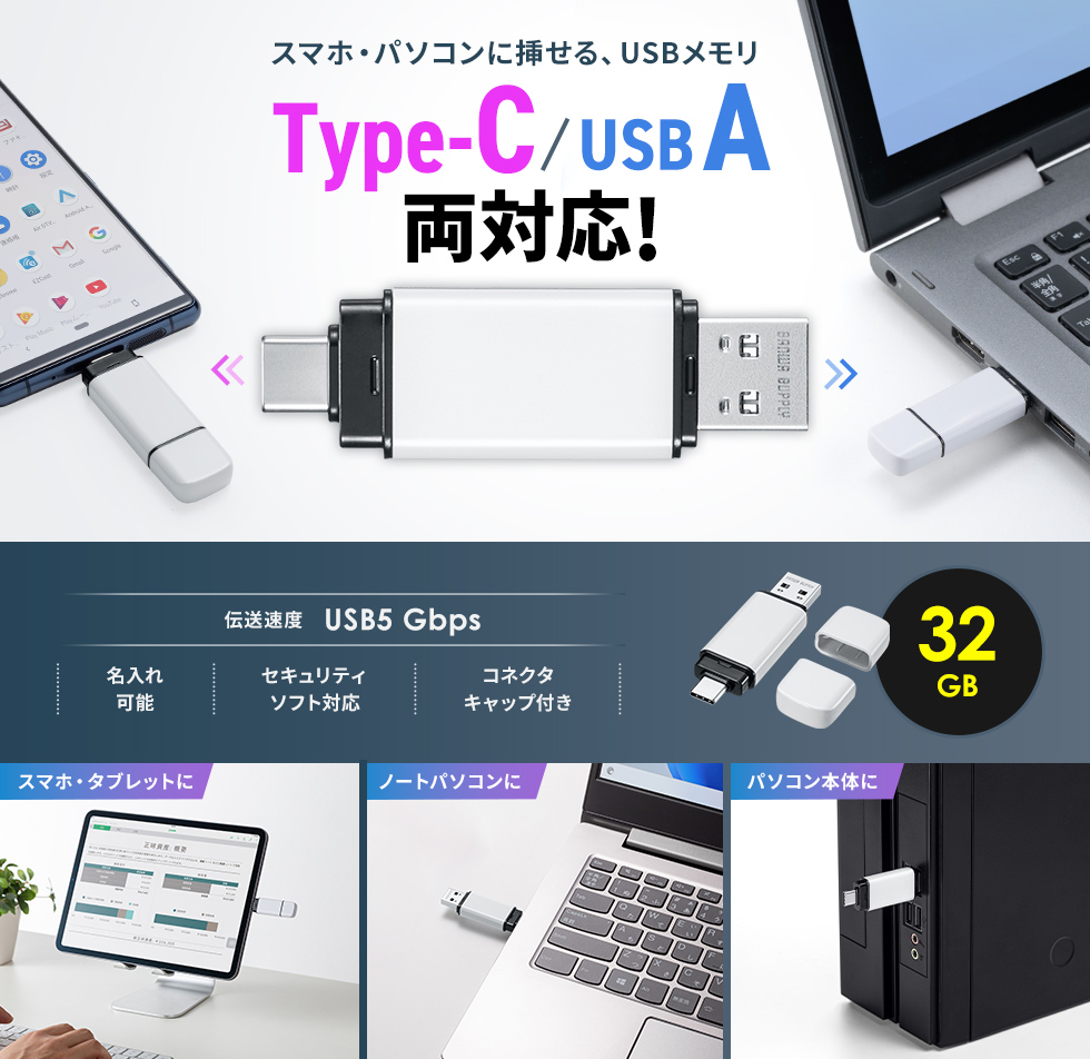 USBA�R�l�N�^��Type-C�R�l�N�^�𑕔�����USB�������B������ɍœK�ȃ��S�Ȃ��^�C�v�B