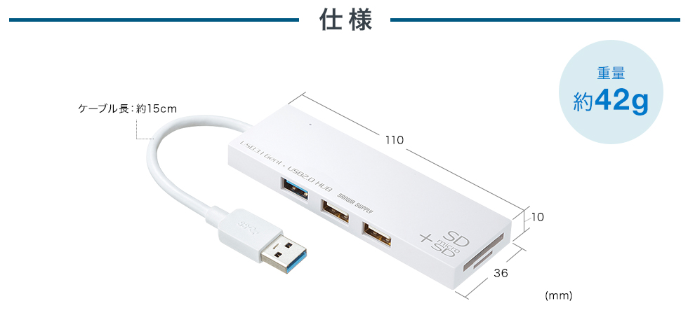 USB3.1+USB2.0コンボハブ（カードリーダー付き・3ポート・ホワイト ...