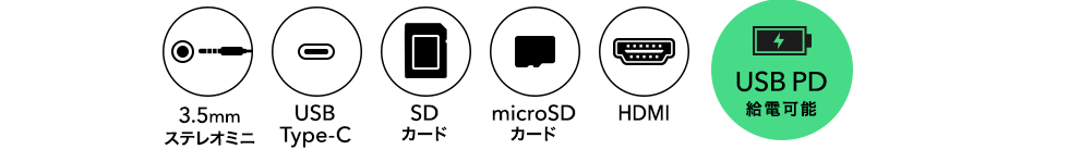 3.5mmステレオミニ USB Type-C SDカード microSDカード HDMI USB PD給電可能