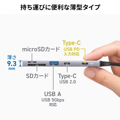 USB Type-C�R�l�N�^��USB A�AType-C���킹�ċ@���3��ڑ����钴�X����PD�Ή�USB�n�u�BSD/microSD�J�[�h���[�_�[�t���B�f���ɋ������b�V���P�[�u���B