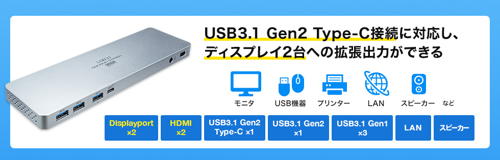 USB3.1 Gen2 Type-C接続に対応し、ディスプレイ2台への拡張出力ができる モニタ USB機器 プリンター LAN スピーカー