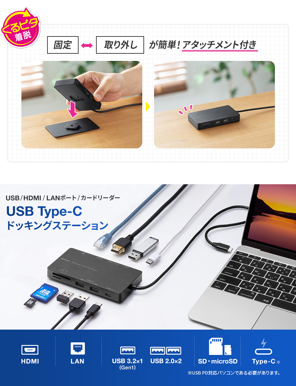 USB/HDMI/LANポート/カードリーダー USB Type-C ドッキングステーション