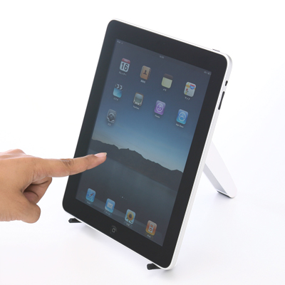 【クリックで詳細表示】【わけあり在庫処分】 iPad・iPad2スタンド(ノートPC対応・折りたたみ・角度可変可能) 100-MR023