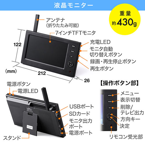 ワイヤレス 防犯カメラ モニターセット 家庭用防犯カメラ ワイヤレスカメラ4台セット 録画対応 Sd Usbメモリー接続対応 400 Cam055 4の販売商品 通販ならサンワダイレクト