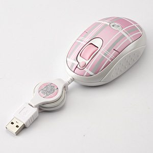【クリックでお店のこの商品のページへ】ケーブル巻き取り光学式マウス(G-CUBE ピンクチェックカラー) 400-MA013P