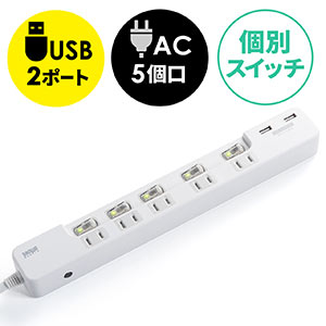 電源タップ（USB充電ポート付・最大3.1Aまで・1500W・2m・5個口・個別スイッチ付）