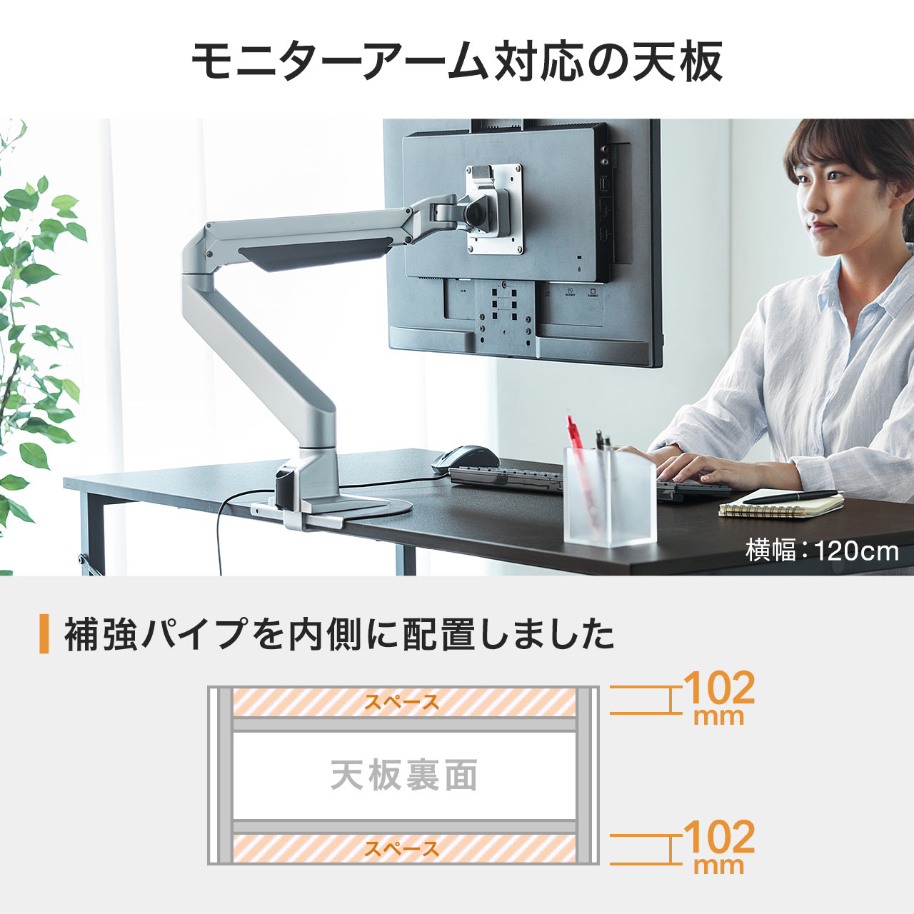 ローコストでシンプルな横幅60cm～180cmの平机。モニタアームが