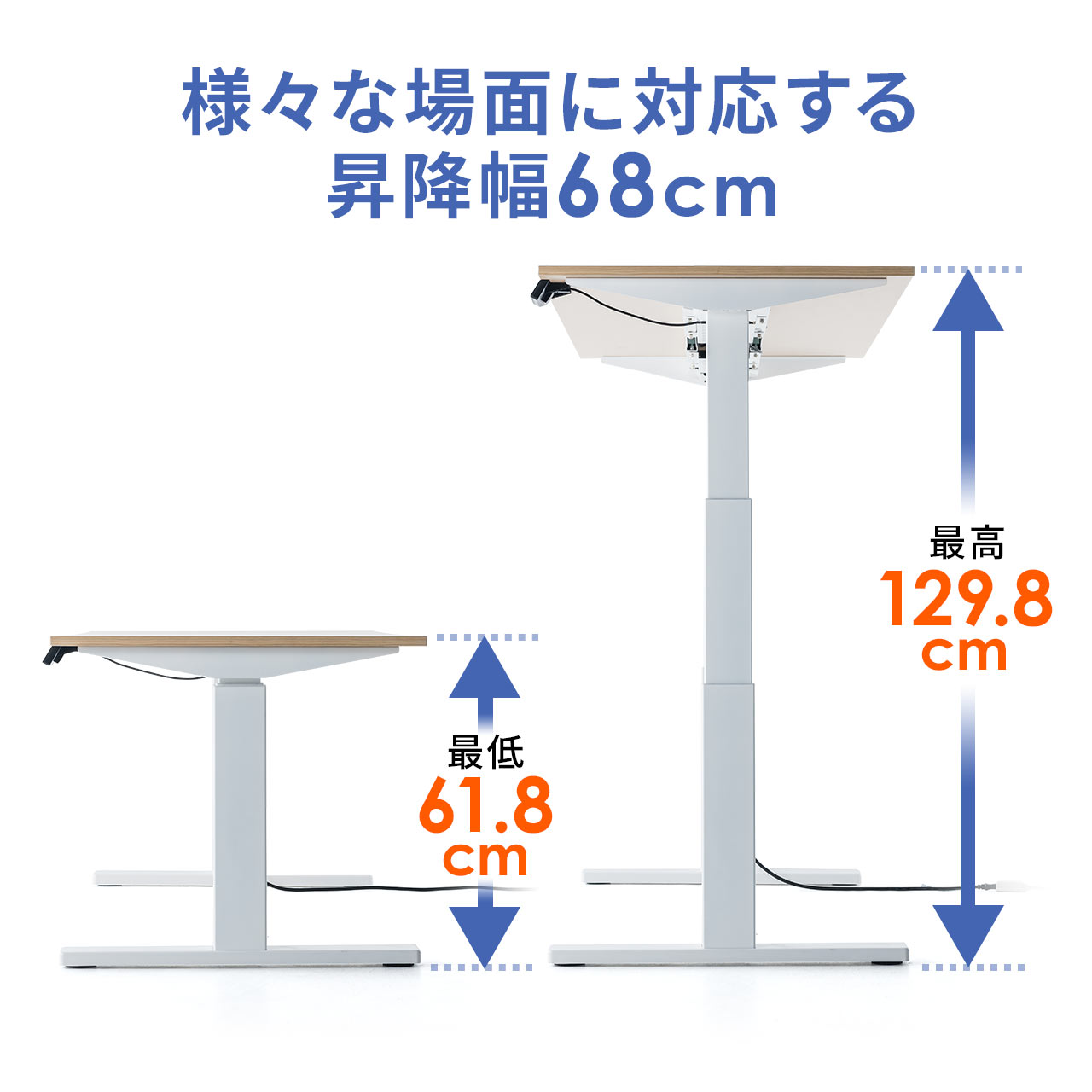 電動で上下昇降出来る幅140cm、奥行70cmのスタンディングデスク