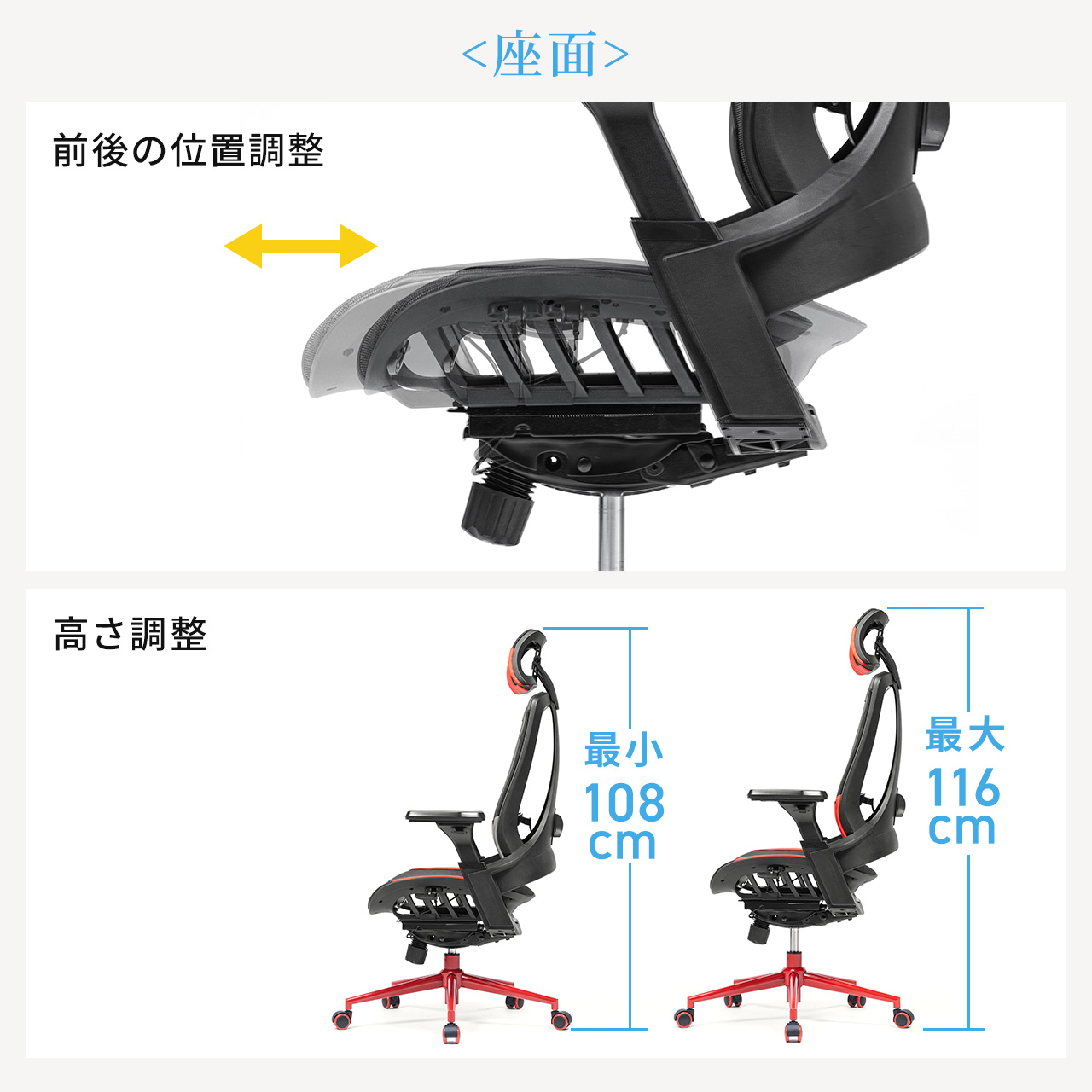 ゲーミングチェア レーシングチェア メッシュ シンクロロッキング 4D