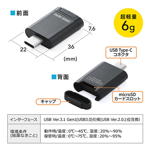 Type-Cカードリーダー(microSD・プッシュ式コネクタ・コンパクト・USB3