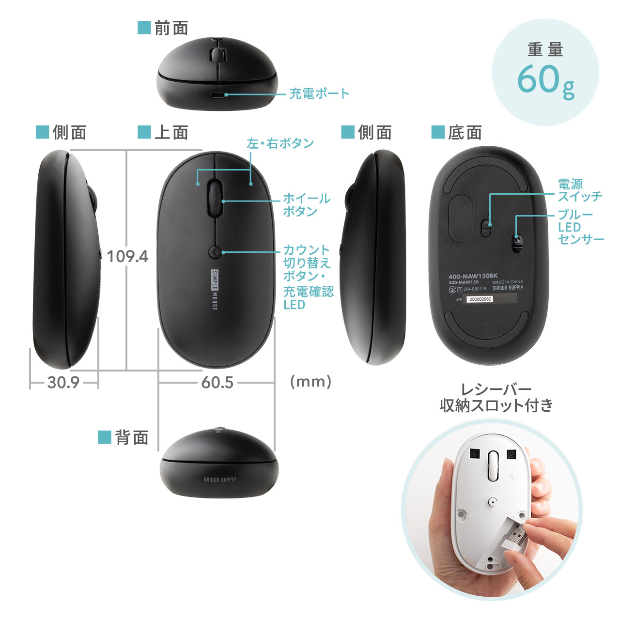 2色のカバーを気分で着せ替えできる薄型マウス。充電式で軽く、薄い