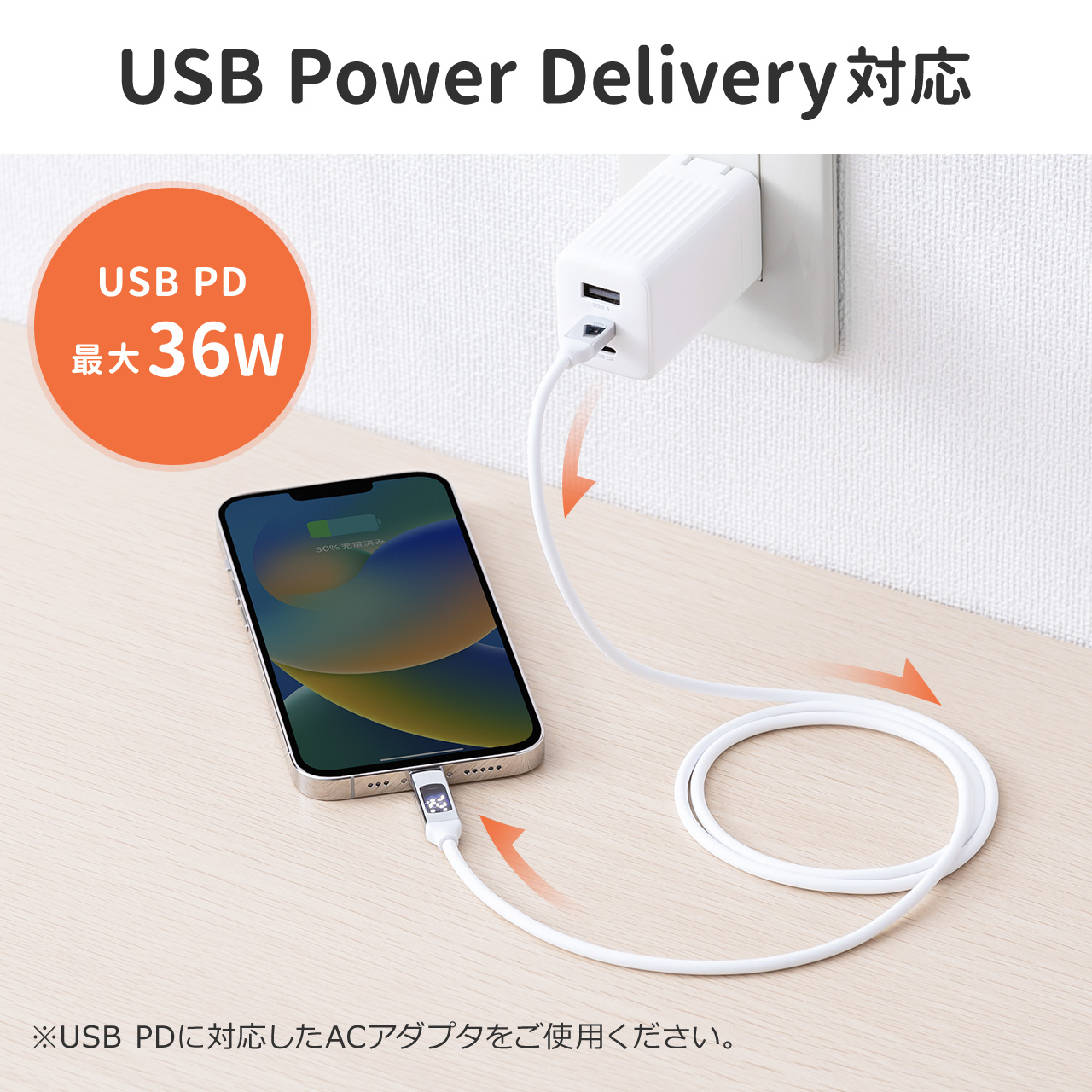 PD電力表示機能付き USB Type-C Lightning ケーブル Apple MFi認証品