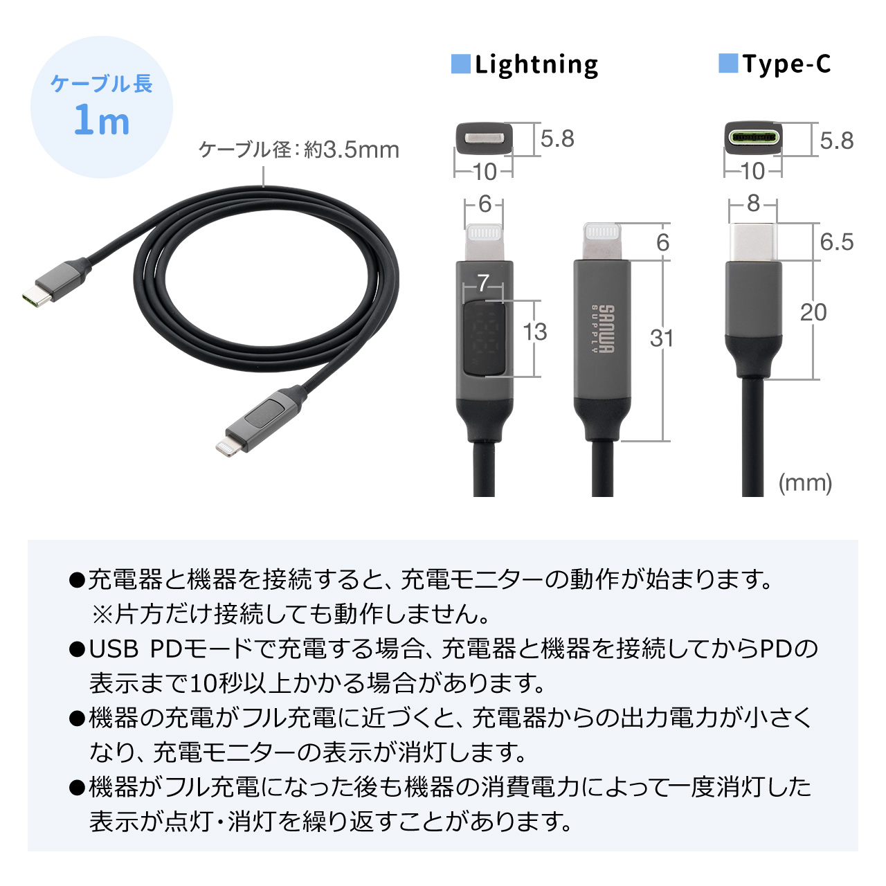 PD電力表示機能付き USB Type-C Lightning ケーブル Apple MFi認証品 PD36W対応 1m やわらかシリコンケーブル  充電 データ転送 iPhone iPad ブラック 500-IPLM032BKの販売商品 | 通販ならサンワダイレクト