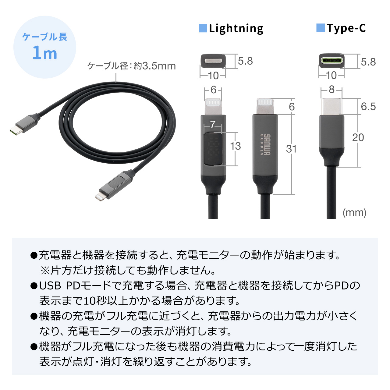 PD電力表示機能付き USB Type-C Lightning ケーブル Apple MFi認証品