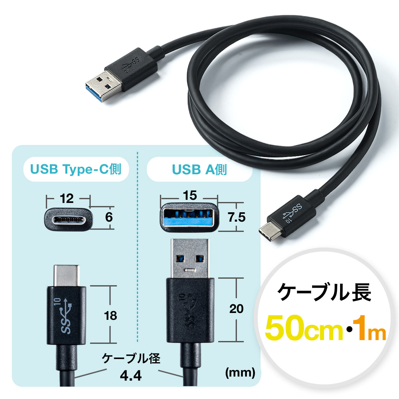 USB タイプCケーブル（USB3.1・Gen2・Type-Cオス/USB Aオス・USB-IF