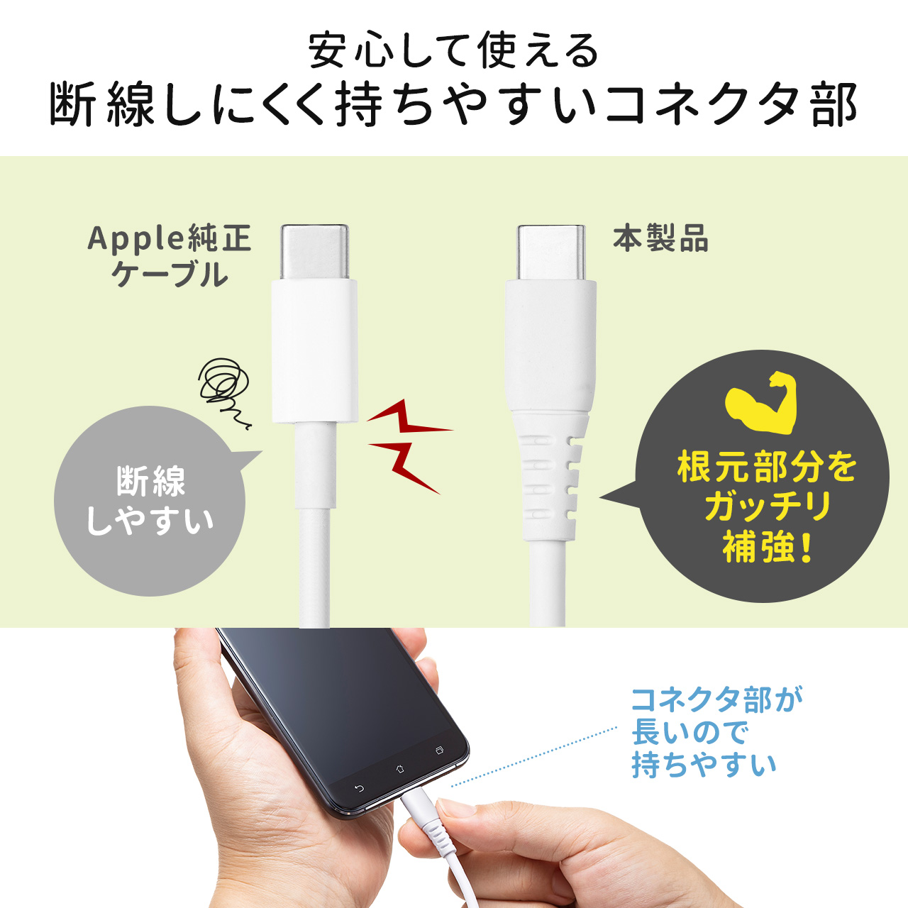 USB PD100Wに対応したType-Cケーブル。やわらかく絡みにくいケーブル