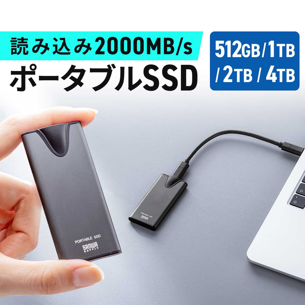 ポータブルSSD 読出最大2000MB/s 超小型 USB Type-C接続 USB20Gbps USB3.2 Gen2×2 ケーブル型 シルバー  600-USSH| 通販ならサンワダイレクト