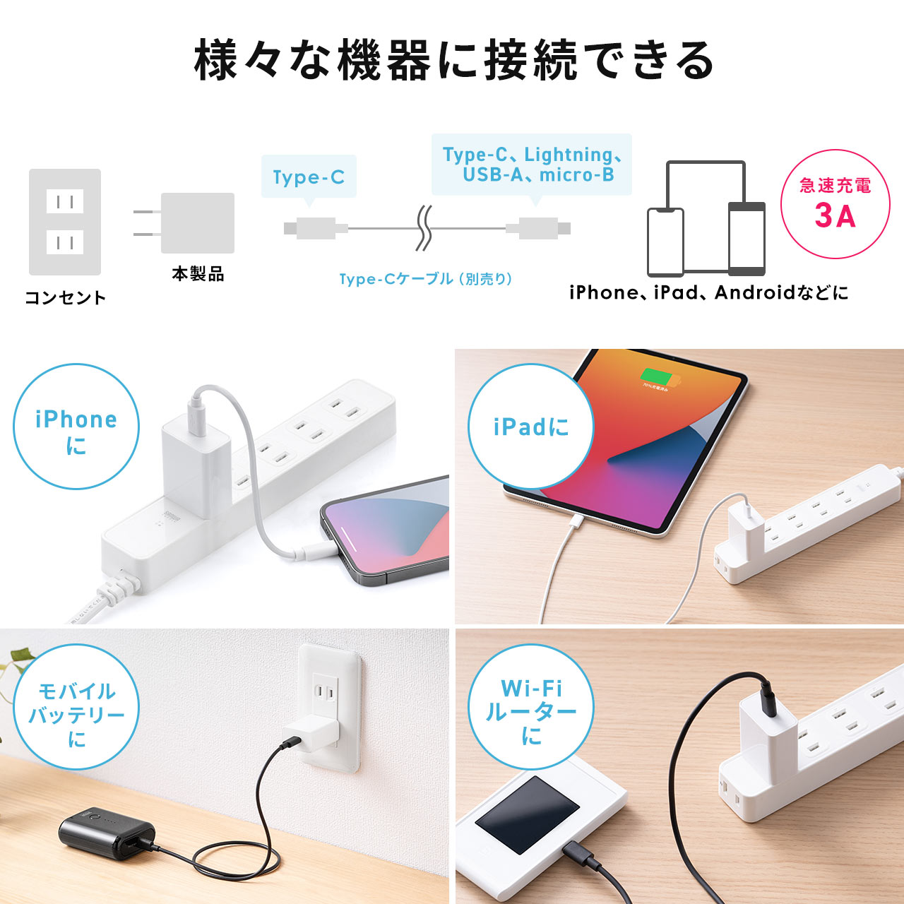 USB充電器 Type-C 1ポート 3A コンパクト PSE適合品 Android