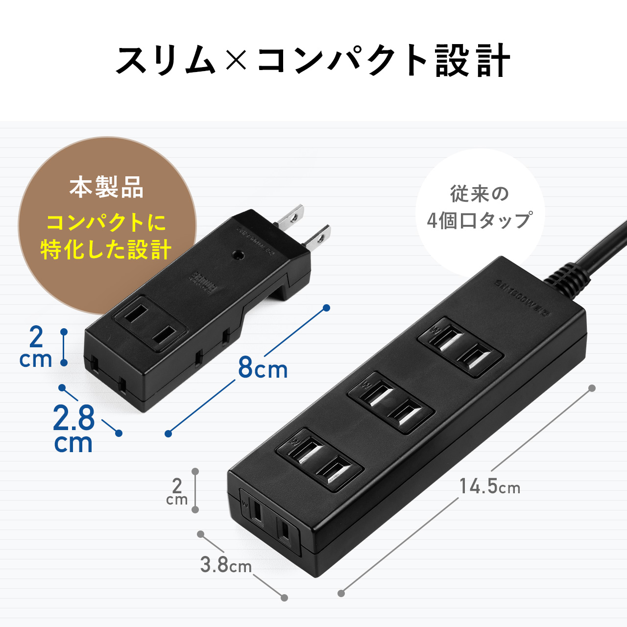 電源タップ 4個口 2P 小型 コンパクト 雷ガード スイングプラグ 4